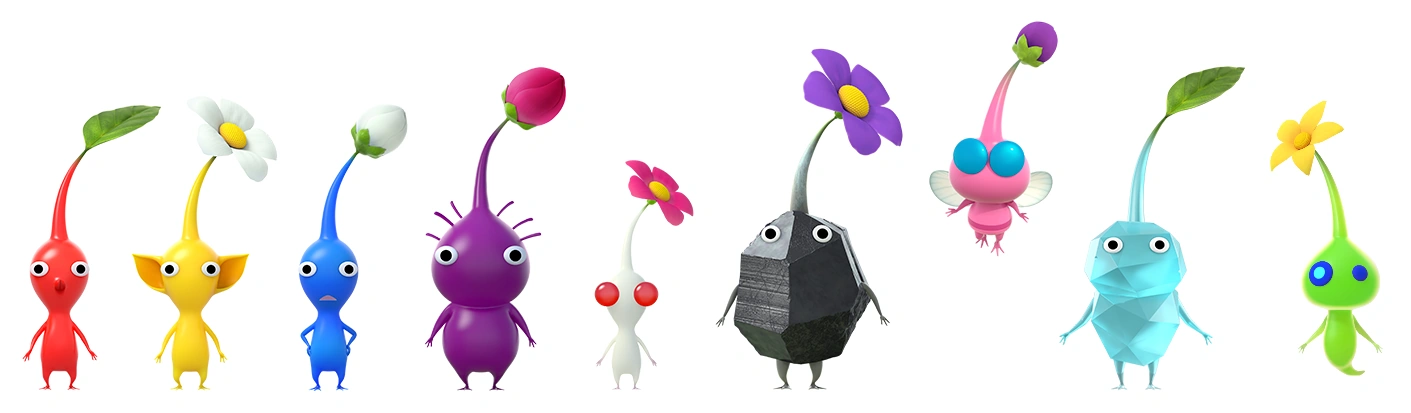 images of the nine main pikmin types as of pikmin 4